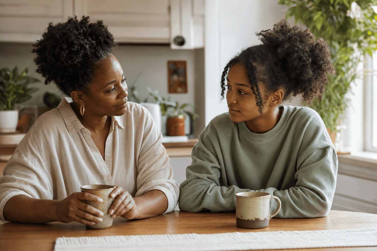 A parent and teen talking together at the kitchen table